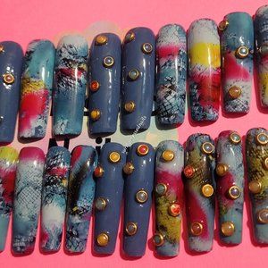 Navy Blue Abstract Rhinestone XL Square Press on Nails